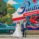 bride and groom at Pontiac Transportaion Museum