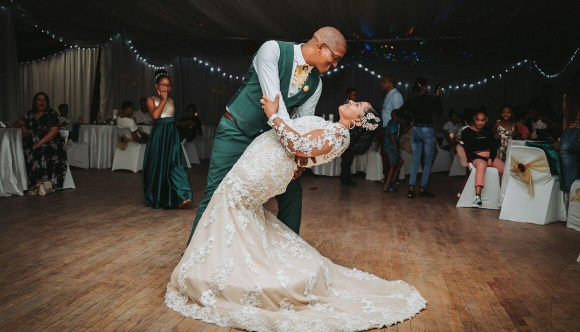 bride and groom dancing at reception