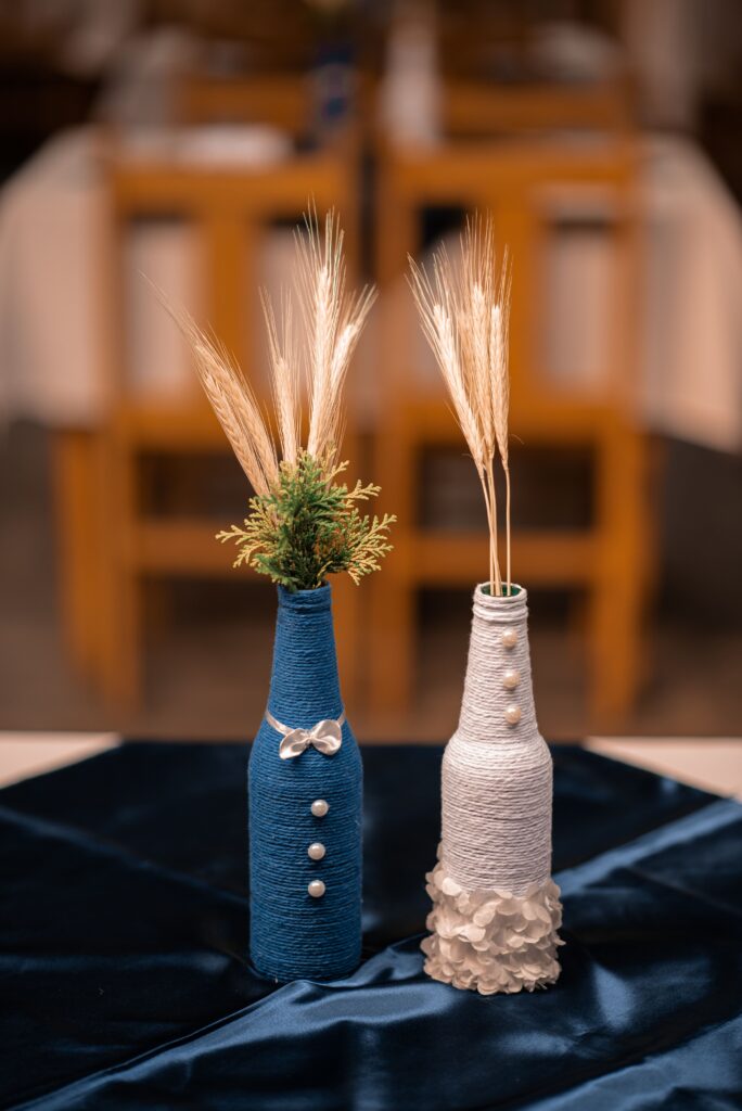 Blue and white bride and groom bottles